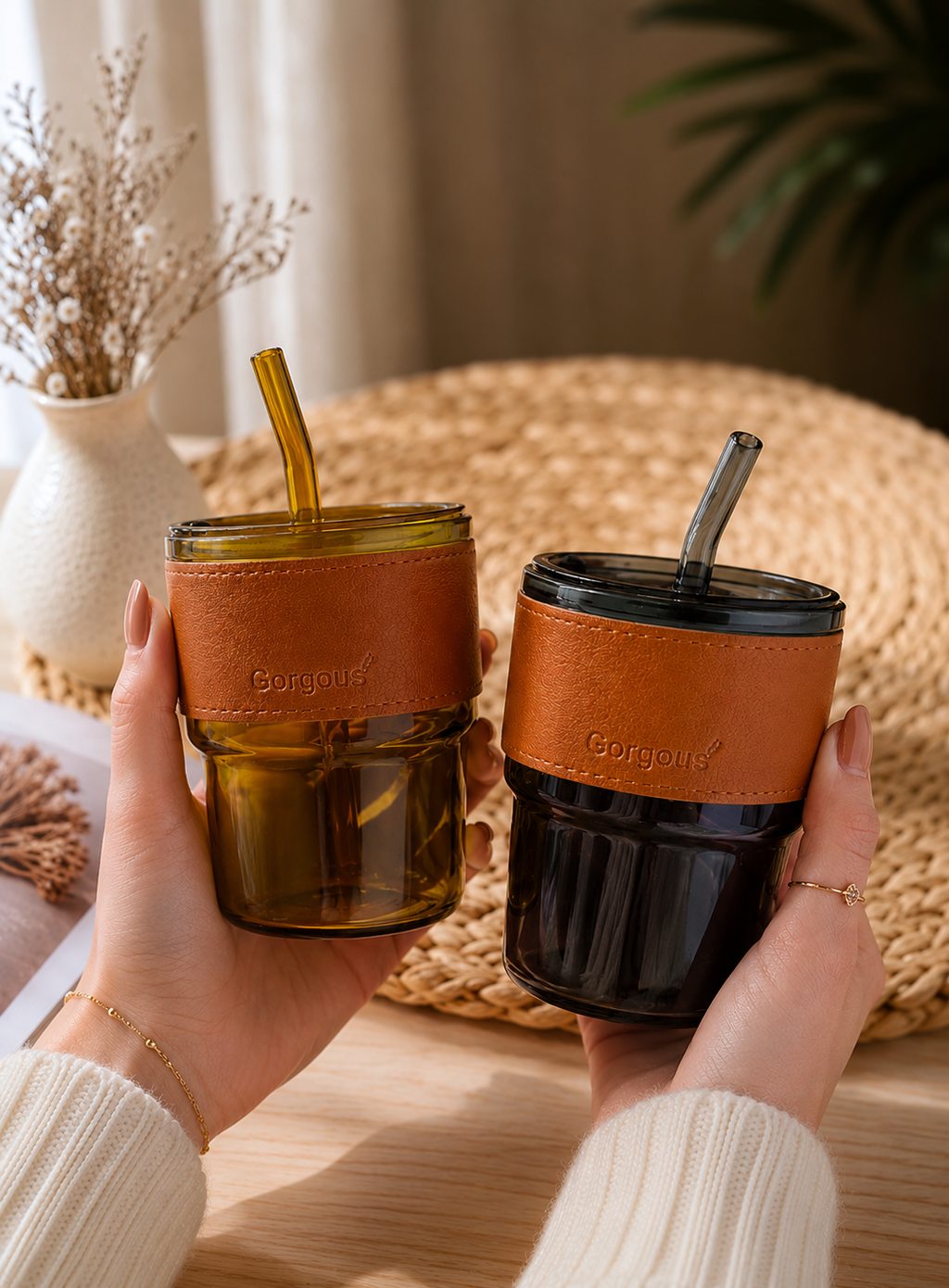 Premium Glass Coffee Tumbler with Straw & Lid – Reusable Heat Resistant Travel Cup for Iced Coffee, Tea, Juice & Smoothies