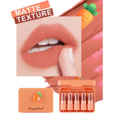 Dragon Ranee Carrot Mini Lipstick 5-Piece Set – Long-Lasting Waterproof Velvet Matte Nude Lipstick Collection for Women