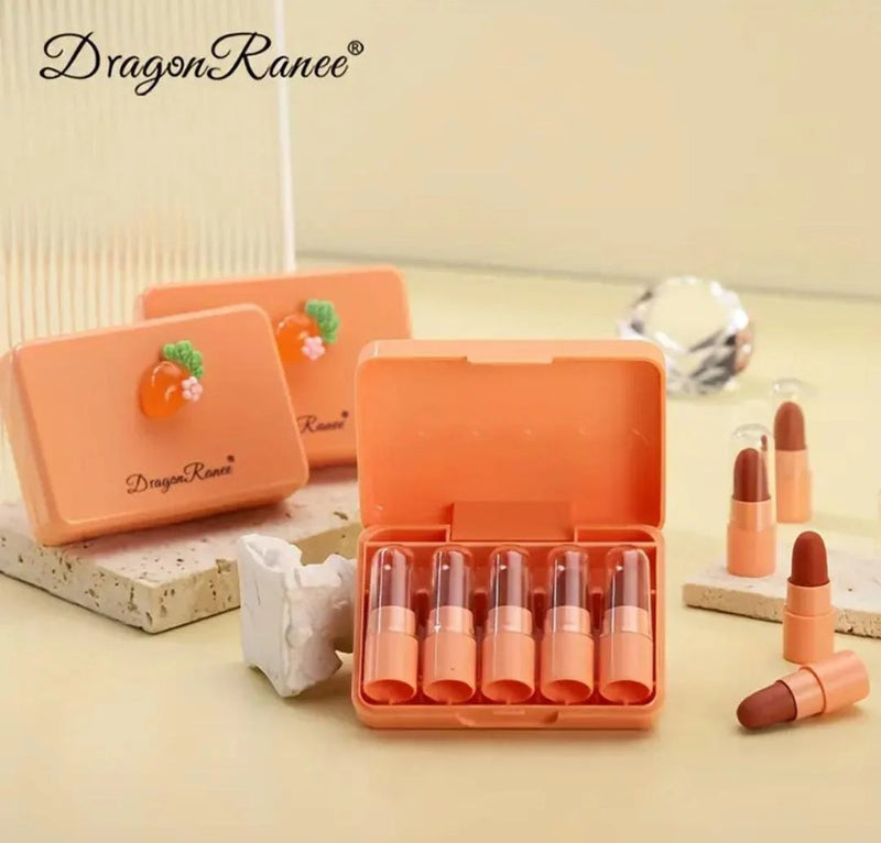 Dragon Ranee Carrot Mini Lipstick 5-Piece Set – Long-Lasting Waterproof Velvet Matte Nude Lipstick Collection for Women