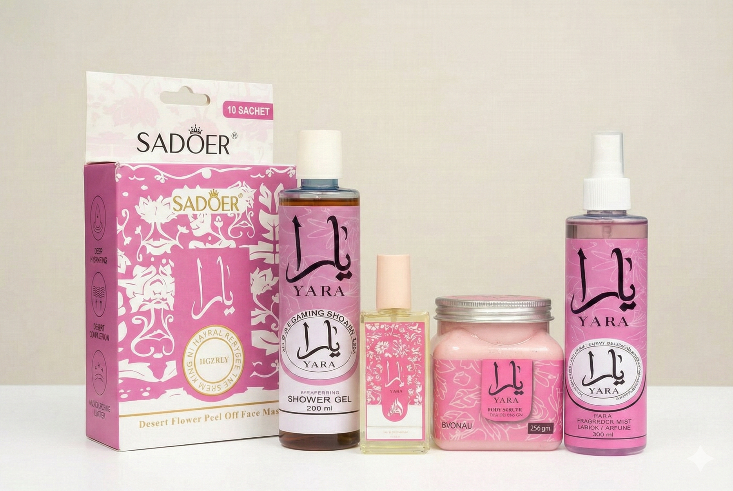 Yara Pink 5-in-1 Ultimate Beauty Combo | Full Body Fragrance Set & Sadoer Face Mask Deal