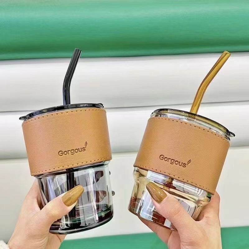 Premium Glass Coffee Tumbler with Straw & Lid – Reusable Heat Resistant Travel Cup for Iced Coffee, Tea, Juice & Smoothies