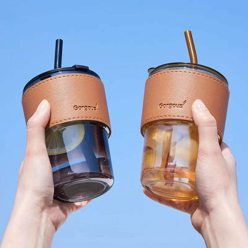 Premium Glass Coffee Tumbler with Straw & Lid – Reusable Heat Resistant Travel Cup for Iced Coffee, Tea, Juice & Smoothies