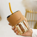 Premium Glass Coffee Tumbler with Straw & Lid – Reusable Heat Resistant Travel Cup for Iced Coffee, Tea, Juice & Smoothies