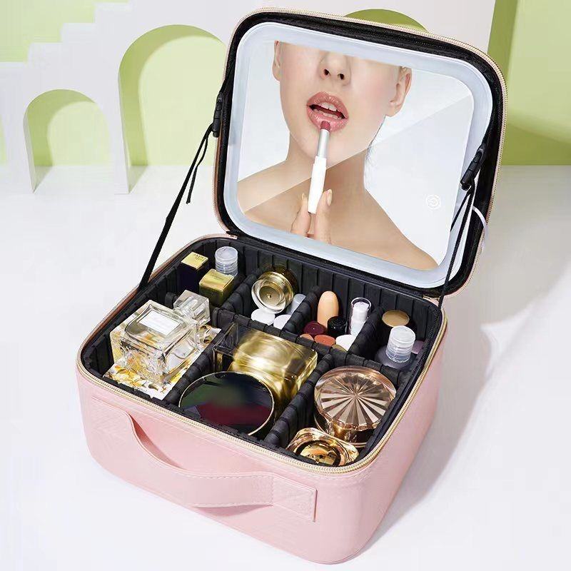 Smart Led Makeup Bag With Mirror Lights Professional Cosmetic Case For Women Travel Organizers Beauty Kit Storage