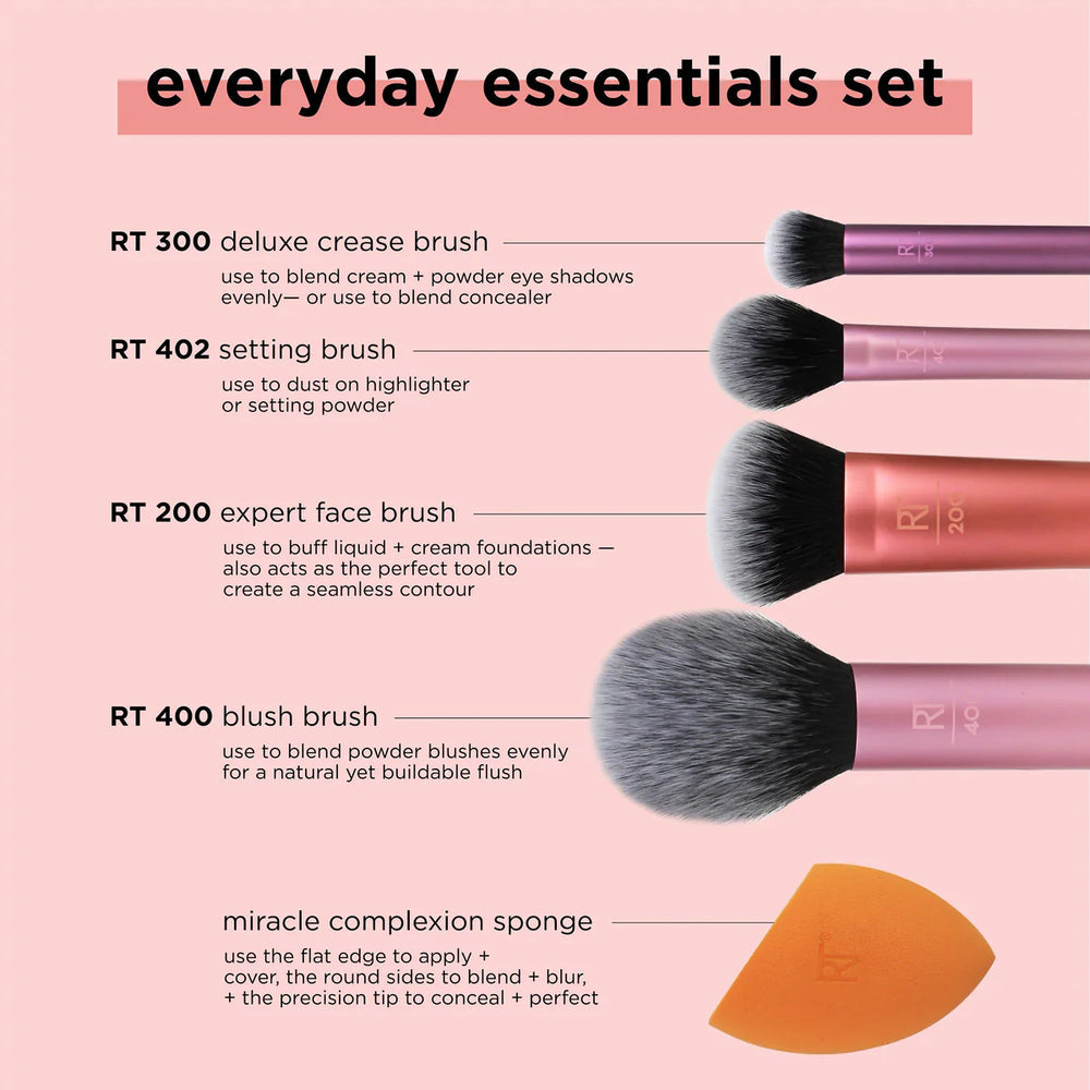 Real Techniques Everyday Essentials Makeup Brush Set & Sponge – 5PC