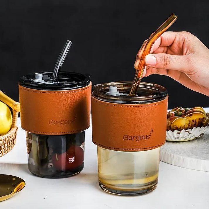 Premium Glass Coffee Tumbler with Straw & Lid – Reusable Heat Resistant Travel Cup for Iced Coffee, Tea, Juice & Smoothies