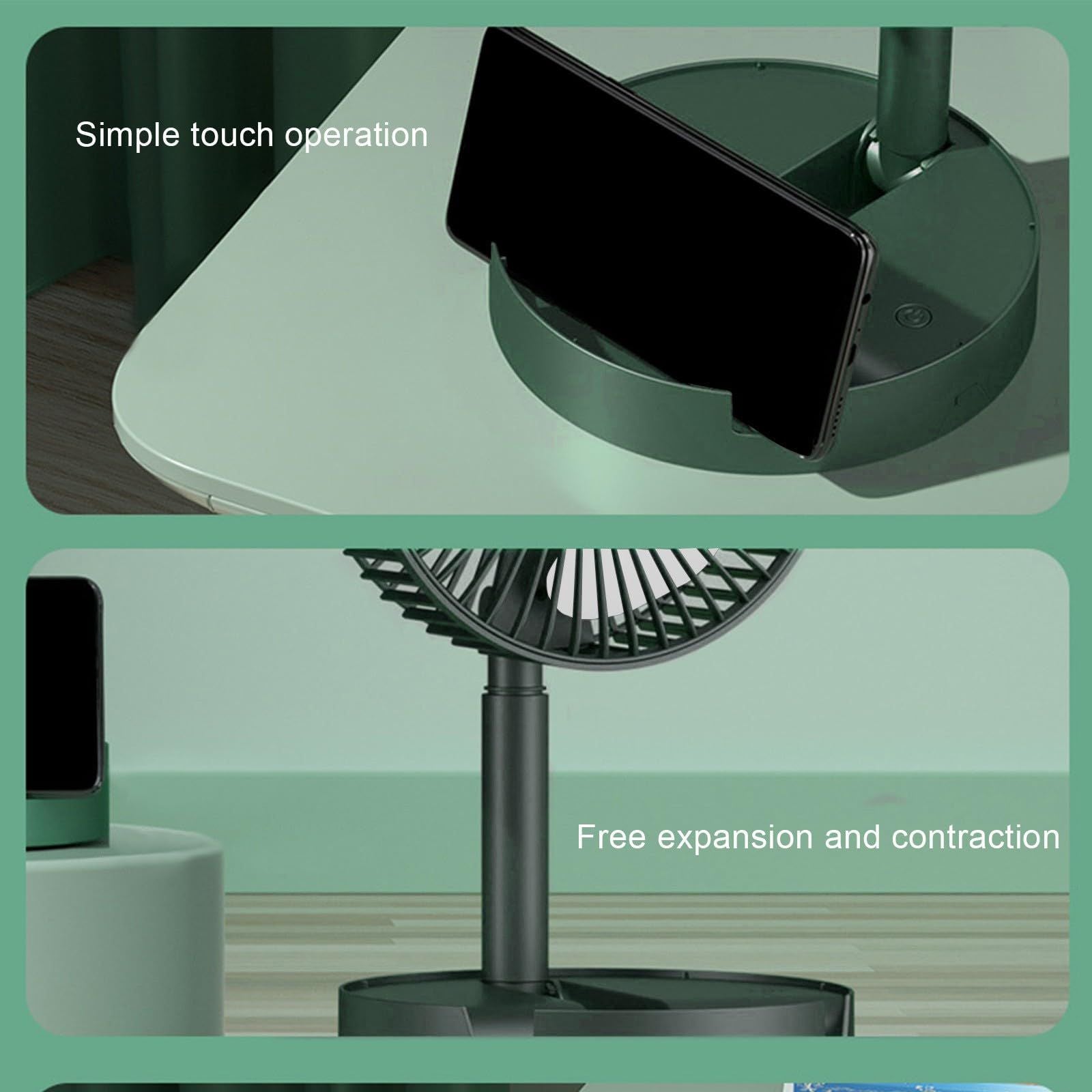 Portable Rechargeable Standing Fan – 6.5 Inch Quiet Oscillating Foldable USB Desk & Pedestal Cooling Fan with Adjustable Height, 3 Speeds & Phone Holder for Home Office, Bedroom & Travel Use