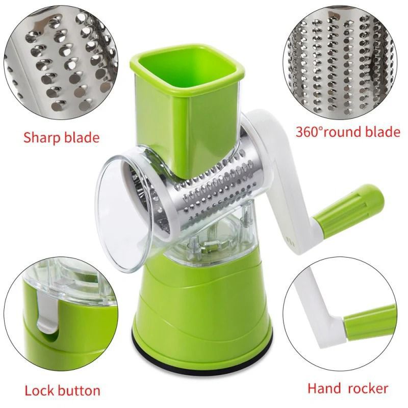 3-in-1 Manual Rotary Drum Grater Vegetable Slicer & Cheese Shredder for Kitchen with Stainless Steel Blades