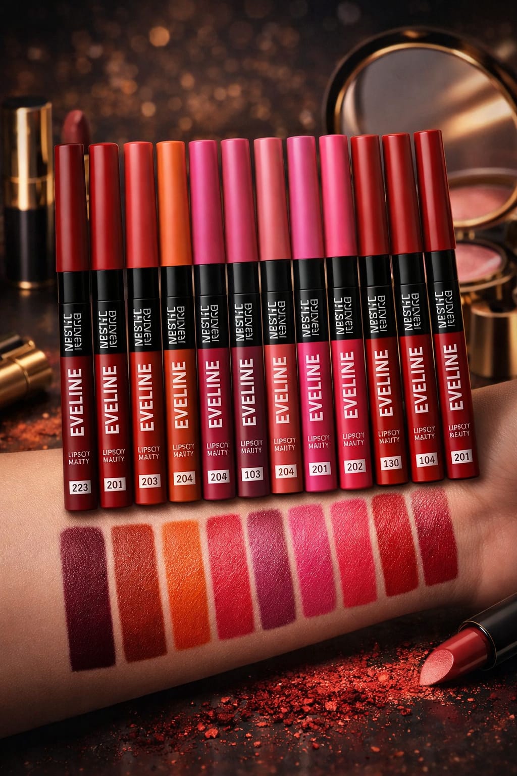 EVELINE 12 Pcs Matte Lipstick Pencil Set – Waterproof Long Lasting