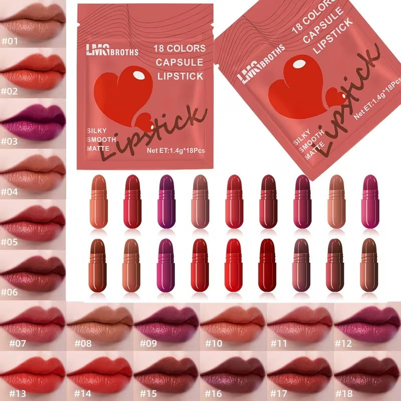 LMG BROTHS 18-Color Capsule Lipstick Set – Silky Smooth Matte Finish Mini Lipstick Pods (Travel Size & Portable)