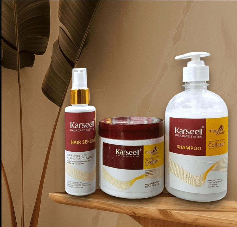 Karseell Maca Collagen Hair Care 3 in 1 Deal – Hair Mask 500g + Shampoo 500ml + Hair Serum 100ml | Professional Hair Repair Bundle for Dry, Damaged & Frizzy Hair