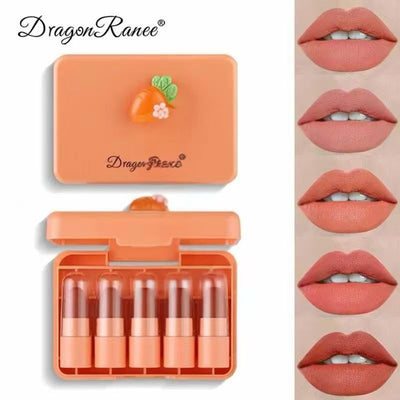 Dragon Ranee Carrot Mini Lipstick 5-Piece Set – Long-Lasting Waterproof Velvet Matte Nude Lipstick Collection for Women