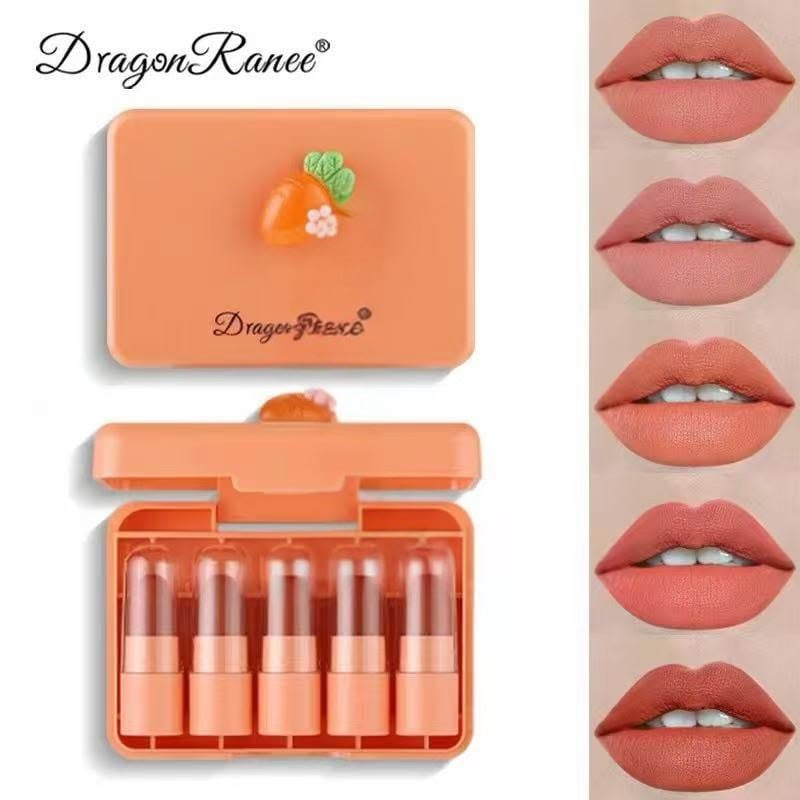Dragon Ranee Carrot Mini Lipstick 5-Piece Set – Long-Lasting Waterproof Velvet Matte Nude Lipstick Collection for Women