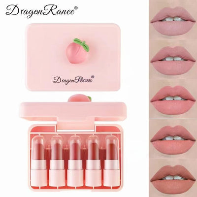Dragon Ranee 5 Colors Peach Mini Lipstick Set – Long Lasting Waterproof Matte Velvet Nude Lipsticks for Women