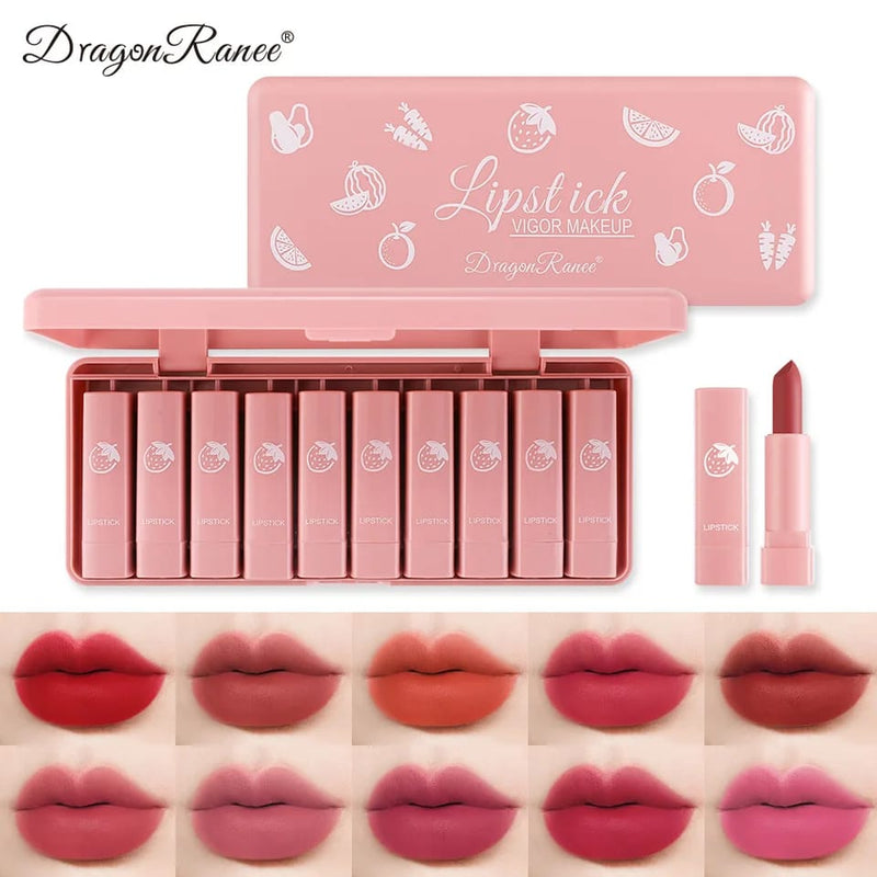 Dragon Ranee 10 Pcs Mini Matte Lipstick Set | 10 Shades Lip Color | Velvet Matte Finish Makeup Set for Women