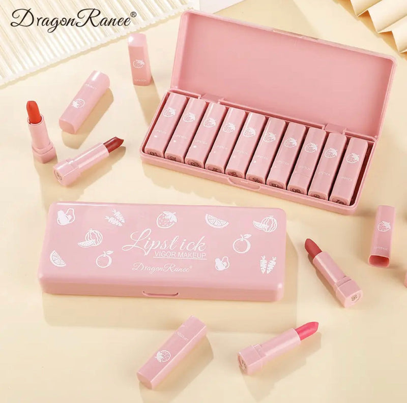Dragon Ranee 10 Pcs Mini Matte Lipstick Set | 10 Shades Lip Color | Velvet Matte Finish Makeup Set for Women