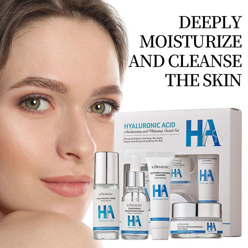 KORMESIC Hyaluronic Acid Moisturizing Facial Skincare Set – Hydrating Face Cleanser, Toner, Face Serum & Night Cream Complete Skin Care Kit for All Skin Types