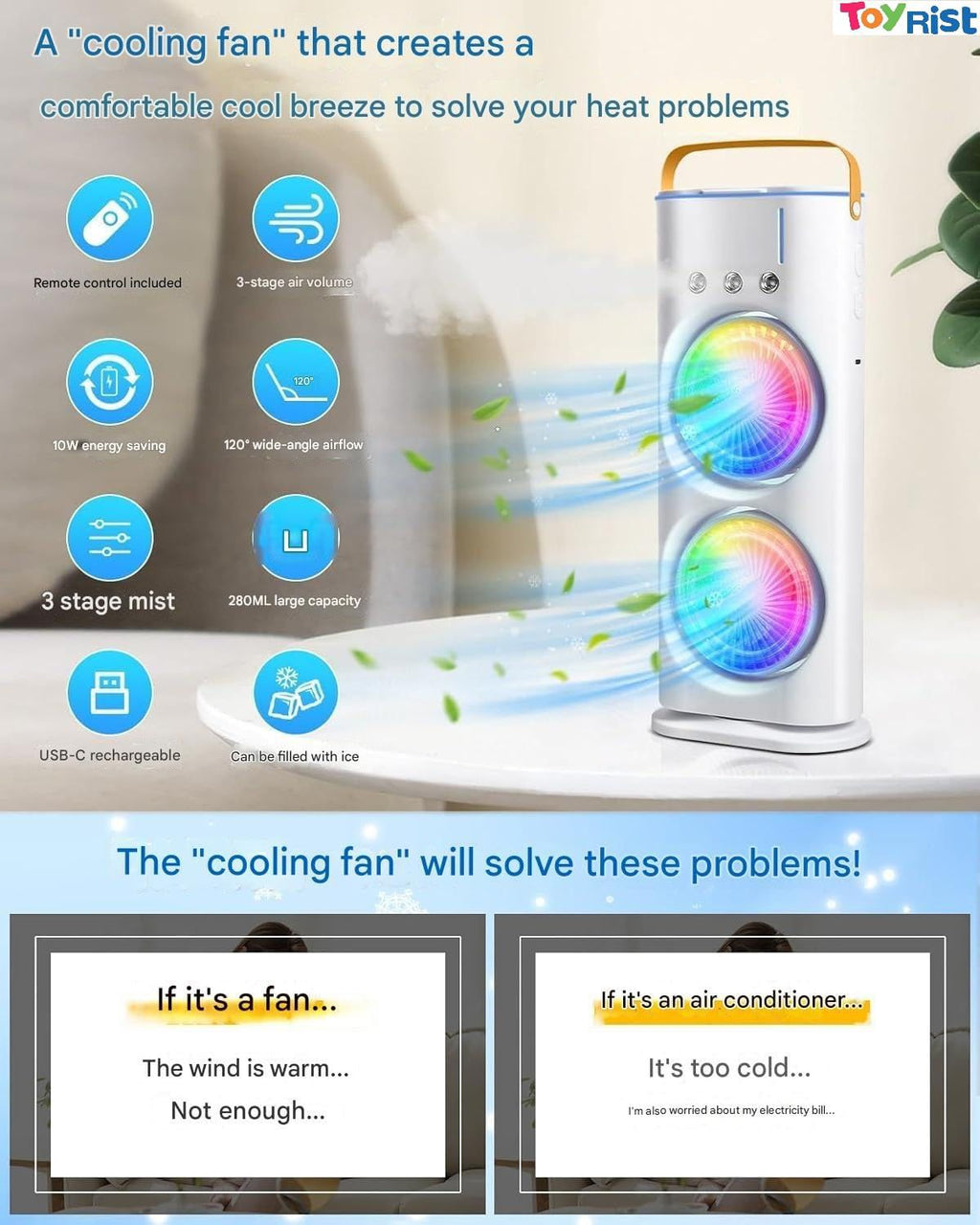 Portable Rechargeable Air Cooler Fan with Water Mist Spray, USB Mini Cooling Fan, 3 Speed Modes & 4000mAh Battery for Home Office & Travel