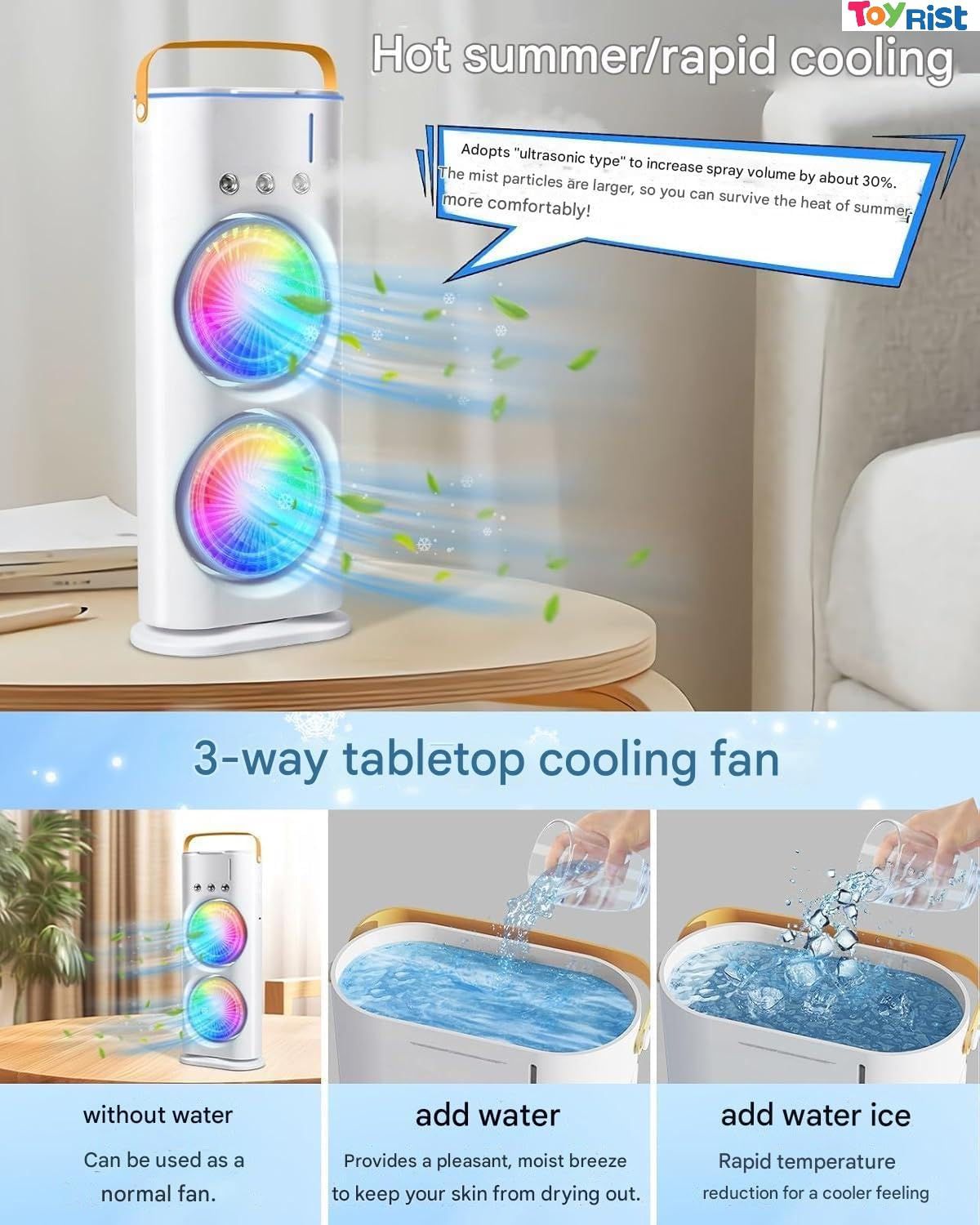 Portable Rechargeable Air Cooler Fan with Water Mist Spray, USB Mini Cooling Fan, 3 Speed Modes & 4000mAh Battery for Home Office & Travel