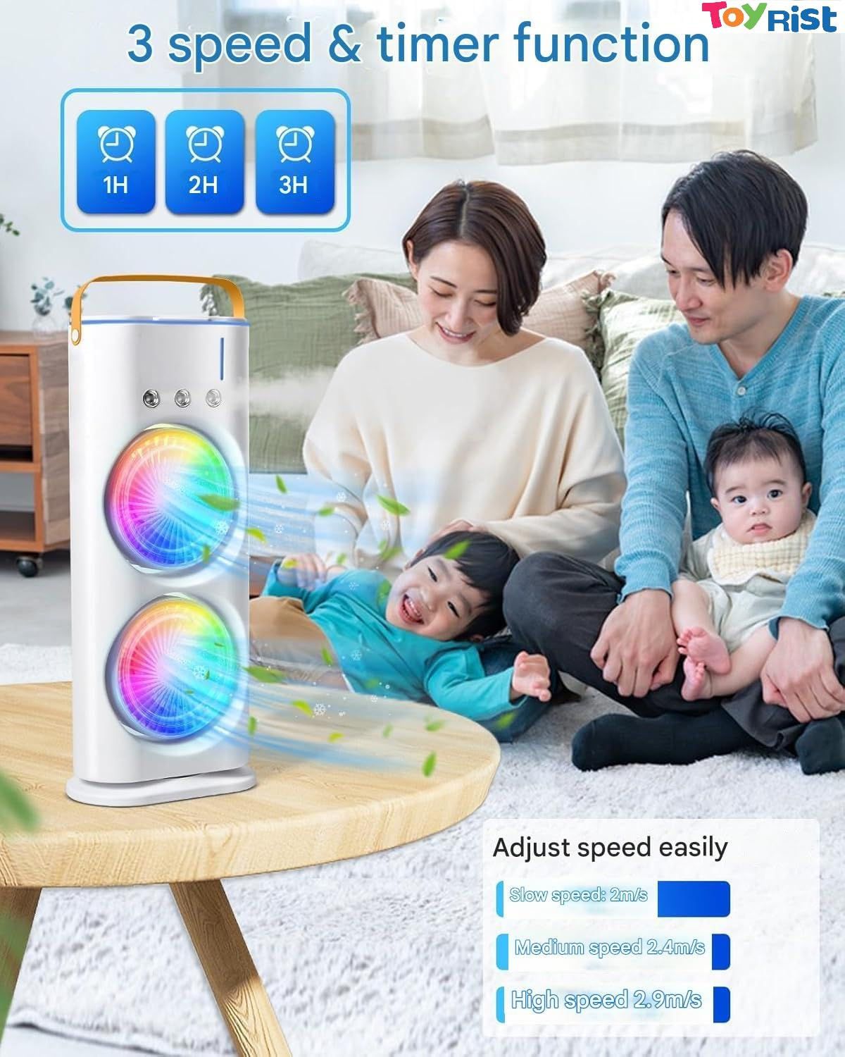 Portable Rechargeable Air Cooler Fan with Water Mist Spray, USB Mini Cooling Fan, 3 Speed Modes & 4000mAh Battery for Home Office & Travel