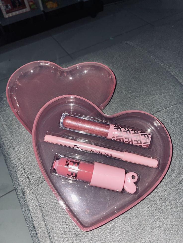 Rom&Com Heart 3-in-1 Lip Kit – Matte Lip Gloss, Lip Liner & Shiny Lip Gloss Set for Women | Long-Lasting Waterproof Lip Makeup