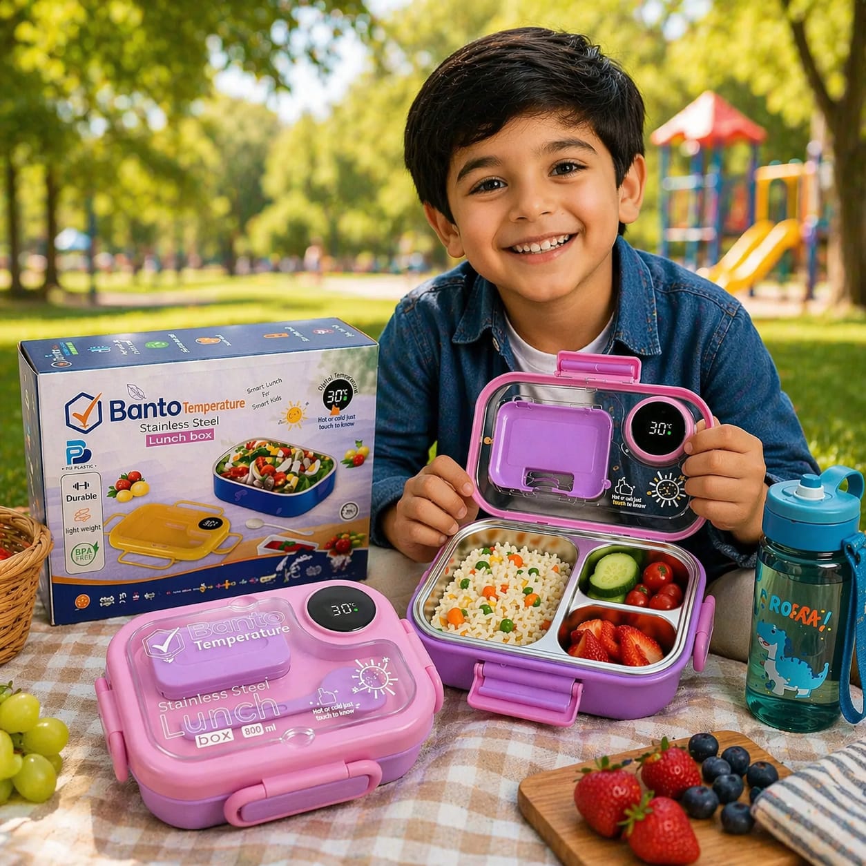 Smart Temperature Display Stainless Steel Lunch Box 800ml Leakproof Bento Box for School Office Travel & Kids Meals