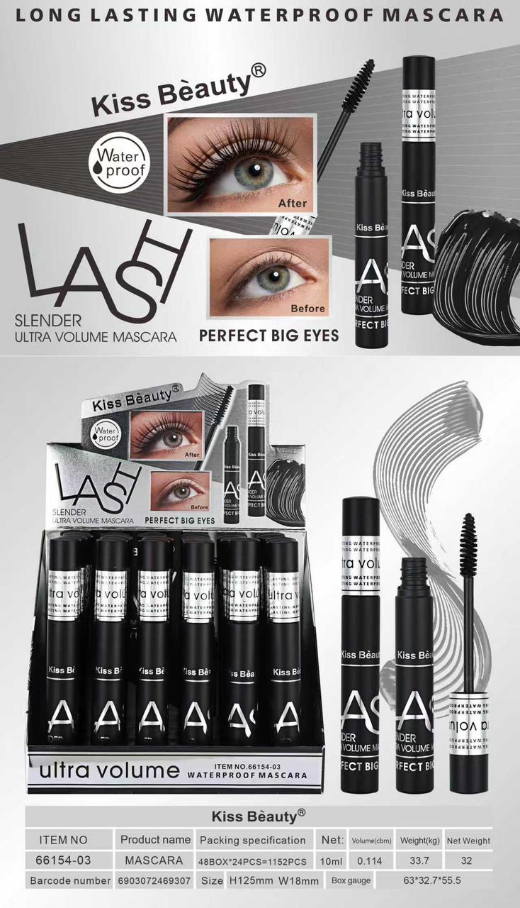 Kiss Beauty Waterproof Mascara – Long Lasting Ultra Volume Black Lash Mascara | Smudge Proof, Curling, Lengthening & Thickening Mascara for Women | Perfect Big Eyes Effect