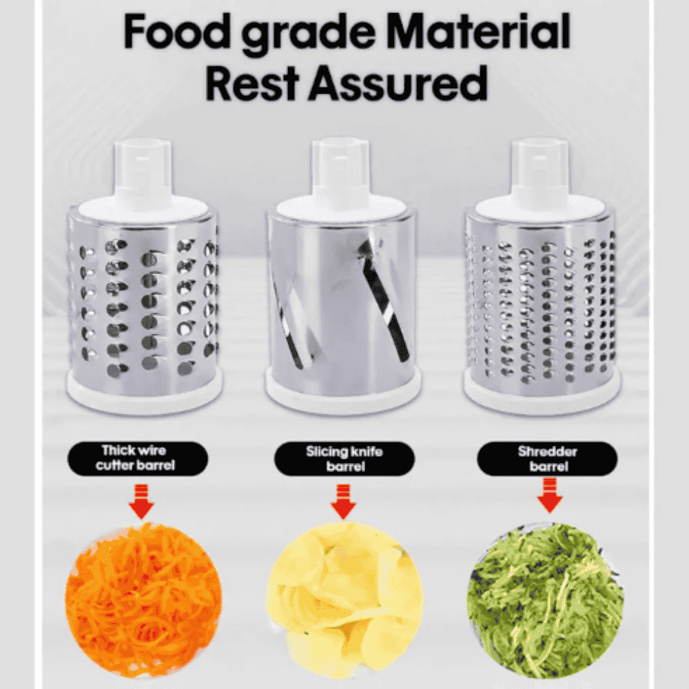 3-in-1 Manual Rotary Drum Grater Vegetable Slicer & Cheese Shredder for Kitchen with Stainless Steel Blades