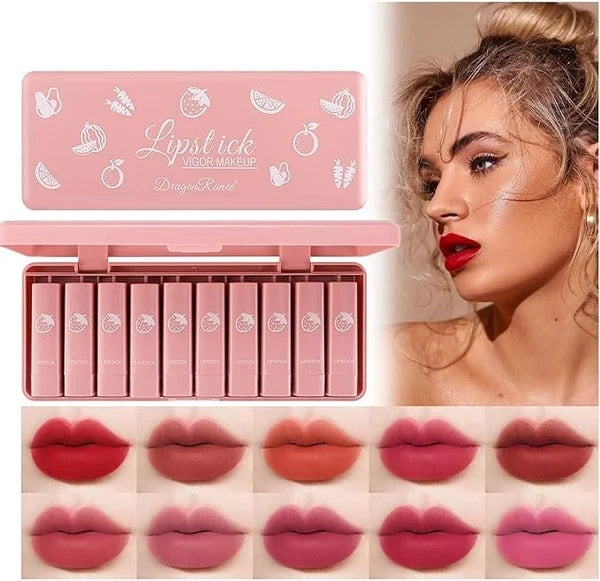 Dragon Ranee 10 Pcs Mini Matte Lipstick Set | 10 Shades Lip Color | Velvet Matte Finish Makeup Set for Women