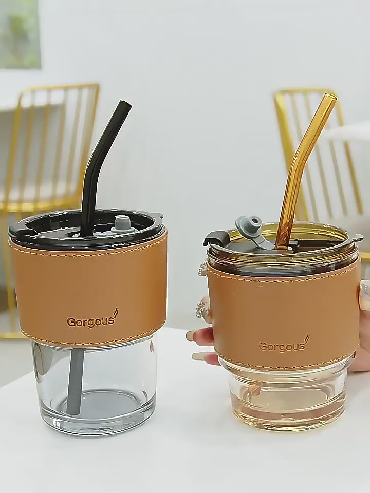 Premium Glass Coffee Tumbler with Straw & Lid – Reusable Heat Resistant Travel Cup for Iced Coffee, Tea, Juice & Smoothies