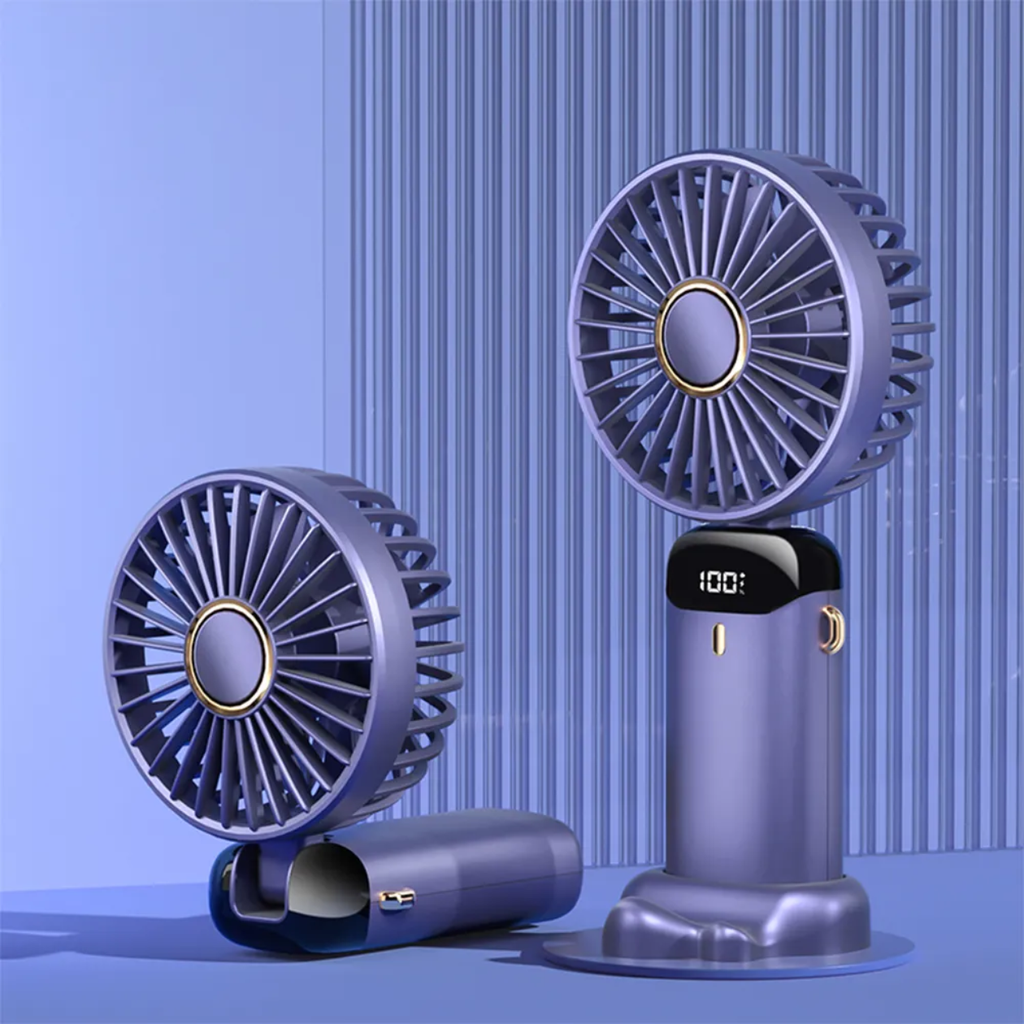 Portable Mini Fan USB Rechargeable – 5 Speed Foldable Handheld Cooling Fan with LED Display Screen, Neck Hanging Personal Fan & Built-In Phone Stand for Travel, Office, Camping, Outdoor & Home Use