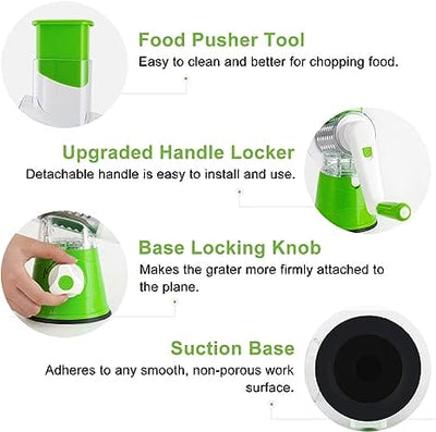 3-in-1 Manual Rotary Drum Grater Vegetable Slicer & Cheese Shredder for Kitchen with Stainless Steel Blades